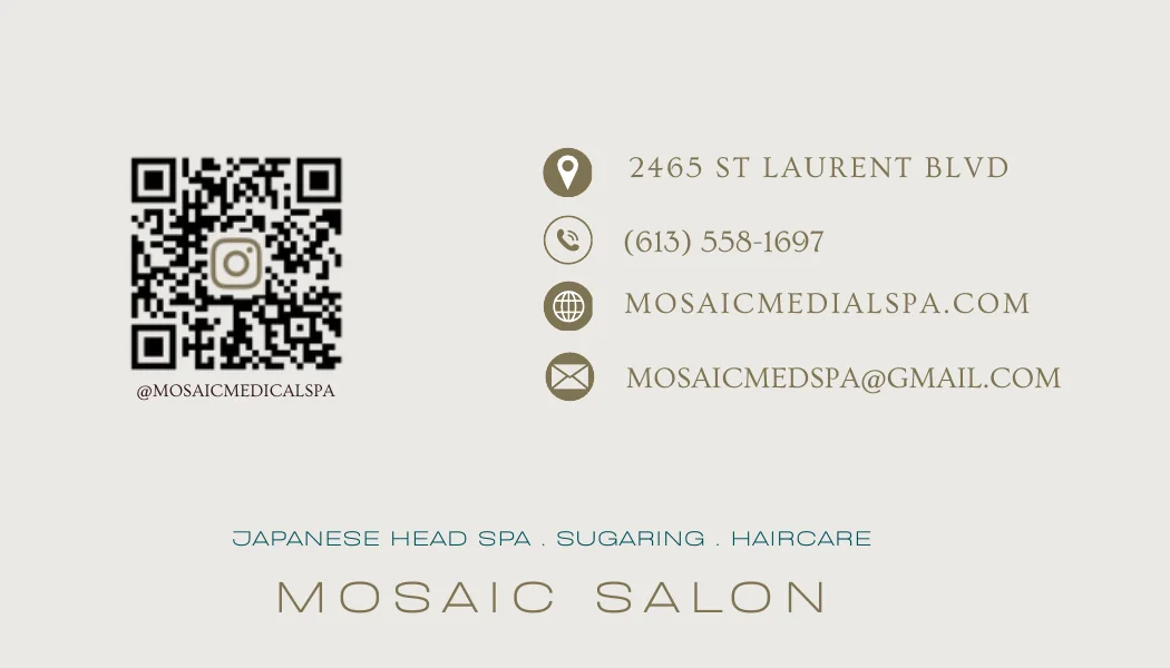 Mosaic Salon business card back with contact details and QR code, gold and white colorway