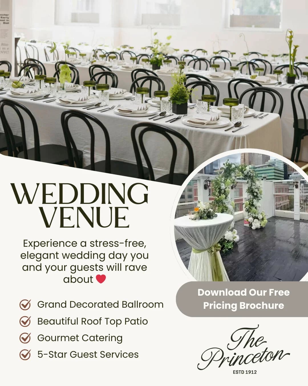 Venue advertisement with a table setting, a floral arch and a button to download the pricing brochure